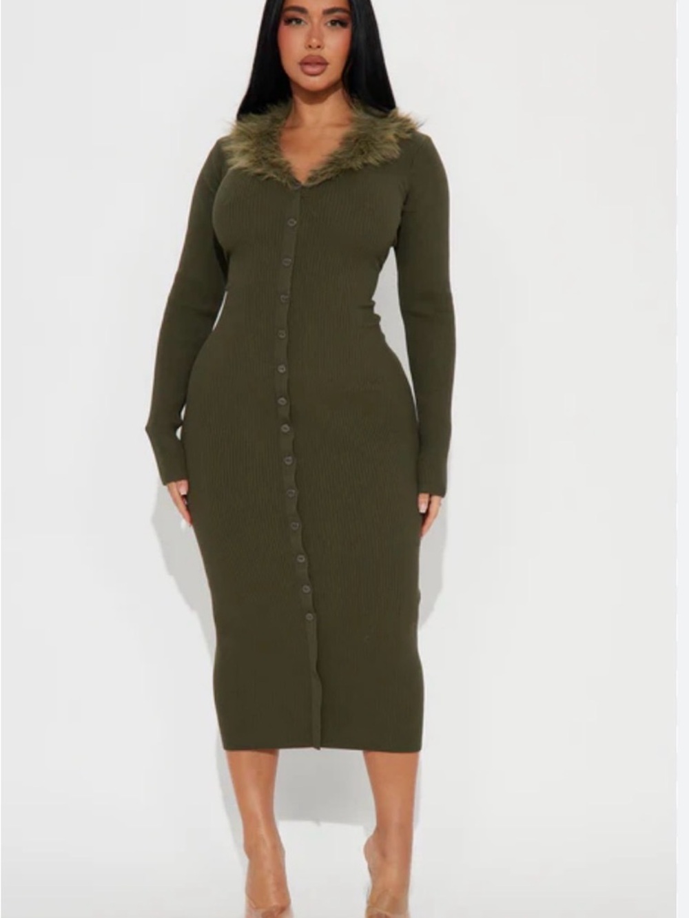 Fashion Nova Olive Ribbed Button-Front Faux-Fur Trim Midi Dress